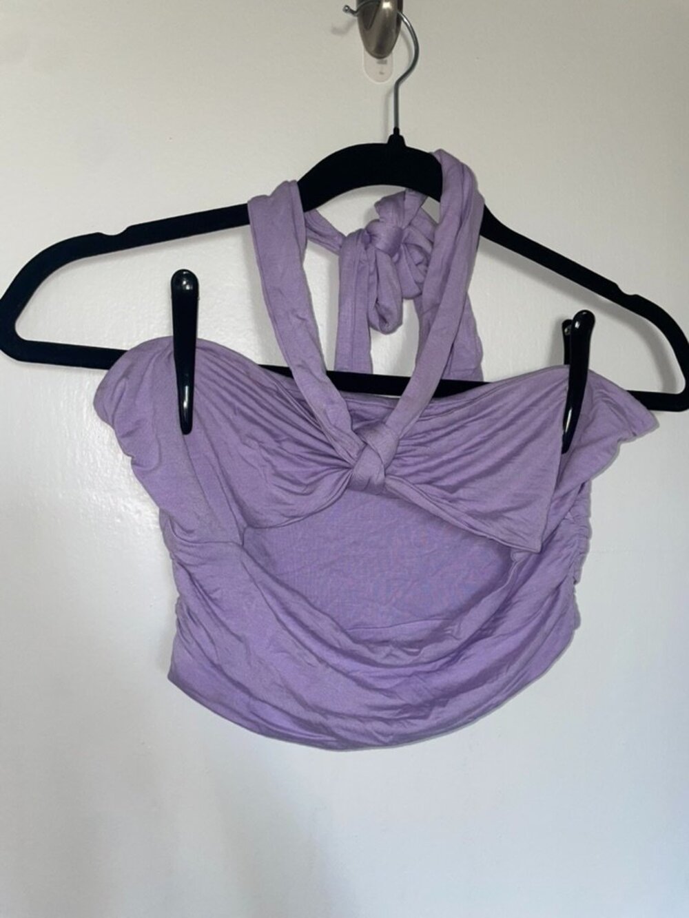 Cellecci Lilac Cropped Ruched Halter Tie Top with Cut Out | S